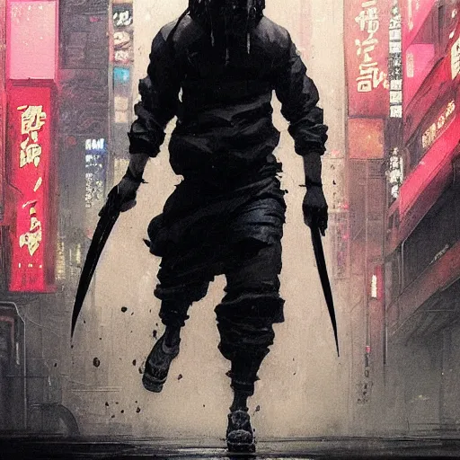 Prompt: a beautiful ukiyo painting of full body cyberpunk blade runner, dramatic pose, wearing japanese techwear, detailed symmetrical, intricate complexity, concept art, by ismail inceoglu dragan bibin hans thoma greg rutkowski alexandros pyromallis nekro rene maritte illustrated, perfect face, fine details, realistic shaded, fine - face, pretty face