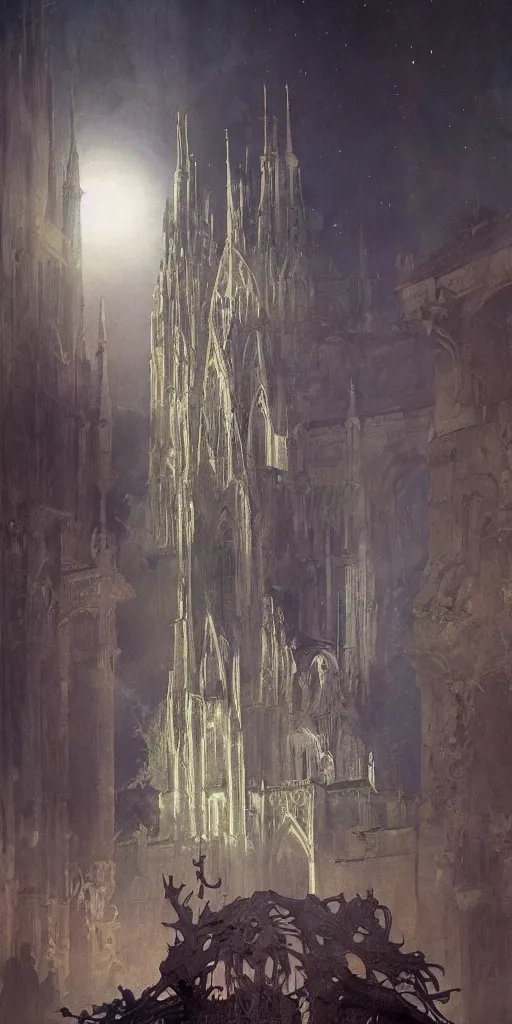 Image similar to moonlit vista, dieselpunk gothic cathedral, painted by ruan jia, petrol oil, lawrence alma tadema, zdzislaw beksinski, norman rockwell, jack kirby, tom lovell, alex malveda, greg staples, hand of fear, bbc, tv