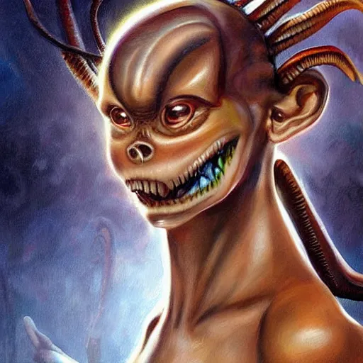 Prompt: realistic portrait beautiful painting of Lilo mutate into a Xenomorph. Horror, created by Thomas Kinkade.