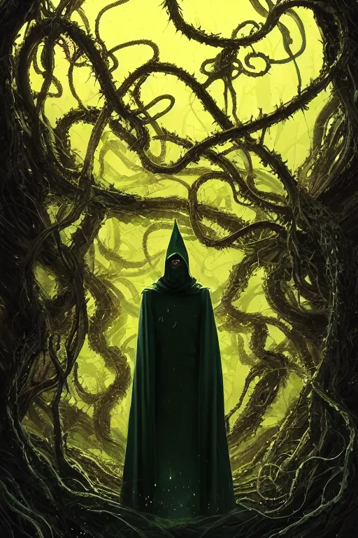 Prompt: A full body portrait of a mysterious wizard, with no face with a very long hooded dark green and yellow cloak, tentacles and thorny vines coming out the ground art by Maciej Kuciara and Jason Chan, ominous, cosmic horror, trending on artstation, Ultra detailed, hyper realistic 4k