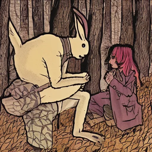 Prompt: A rabbit in the woods, by Junji itou and KAZUO UMEZZ