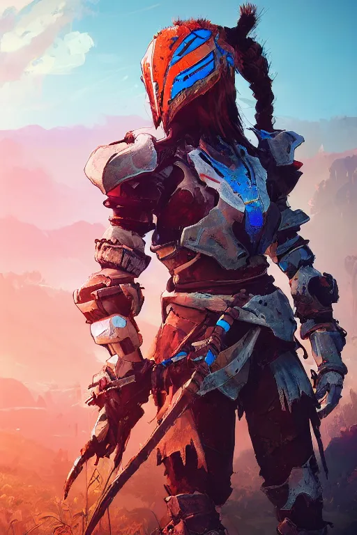 Image similar to combination suit armor aloy horizon forbidden west horizon zero dawn radiating a glowing aura global illumination ray tracing hdr fanart arstation by ian pesty and alena aenami artworks in 4 k tribal robot ninja mask helmet backpack