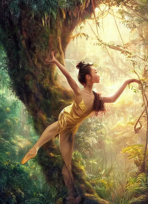 Prompt: stunningly beautiful, asian prima ballerina in jungle, golden hour, smooth, focus, highly detailed, hyper realistic, dramatic lighting, elegant, intricate, concept art, art by wlop, mars ravelo, greg rutowski