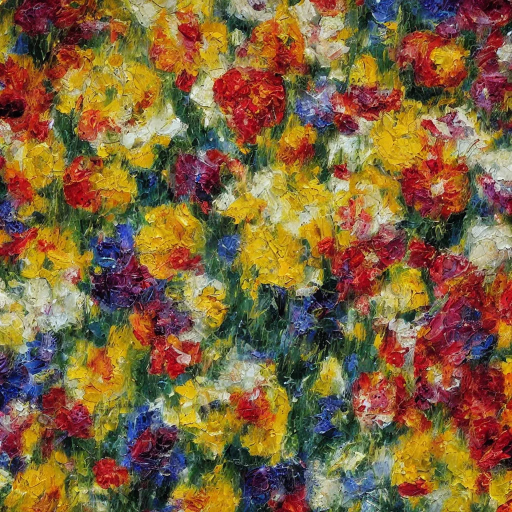 Image similar to close up of large flower with hundreds if petals painted in the style of the old masters, painterly, thick heavy impasto, expressive impressionist style, painted with a palette knife