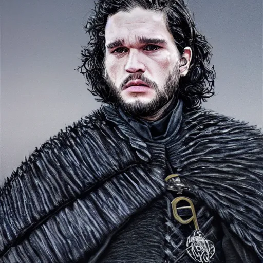 Image similar to kit harrington as lord comanderl of the nights watch, incredibly detailed oil painting, high octane, trending on artstation, incredible fineline, regal, fine art museum piece, drum scanner