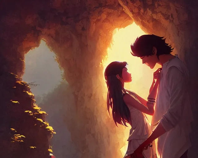 Image similar to a cinematic boy girl traditional romance moment, exploring the caves boho clothing, full body illustration, bestselling movie art poster, official media, 1970s fashion, dynamic lighting official anime media, incredible art by artgerm and greg rutkowski