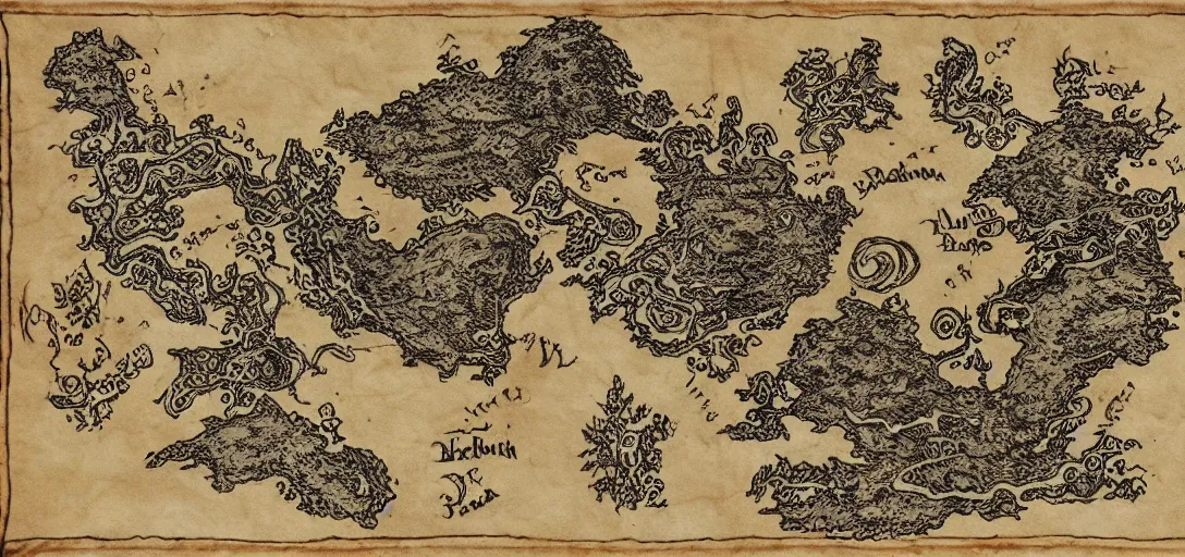 Image similar to fantasy map of an ancient land drawn in ink on old parchment in the style of JRR Tolkien and Brian Froud