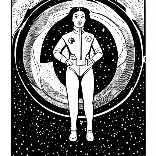 Prompt: clean simple line art of a woman wearing a space suit. no background. well composed, clean coloring book page, beautiful detailed face. coloring book line art by mike mignola