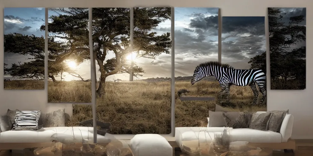 Prompt: in the distance one zebra is watching the sunset in paradise, hidden holy grail, photorealistic, masterpiece, award winning landscape photo, hyperdetailed