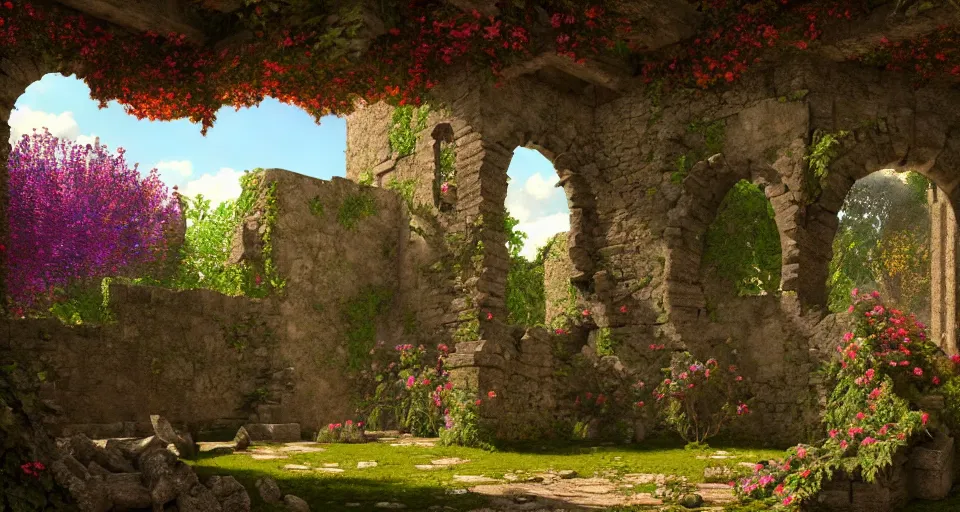 Prompt: castle ruins with colorful flowers and trees by lawrence alma - tadema ; dramatic lighting, sunshine rays, deep colors, colorful, beautiful, cel - shaded, amazing depth ; octane render, trending in artstation, behance hd, unreal engine, photography, hyperdetailed