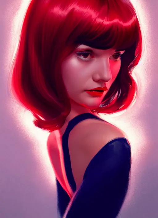 Prompt: portrait of veronica lodge with bangs, 1 9 6 0 s, long hair, red clothes, bangs, intricate, elegant, glowing lights, highly detailed, digital painting, artstation, concept art, smooth, sharp focus, illustration, art by wlop, mars ravelo and greg rutkowski