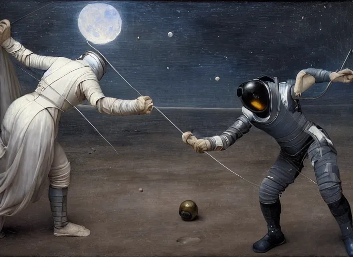 Image similar to a fencing match on the moon by edgar maxence and caravaggio and michael whelan and delacroix style, artistic, intricate painting, cinematic lighting, hyper realistic, extremely detailed, establishing shot, 8 k resolution, dramatic lighting