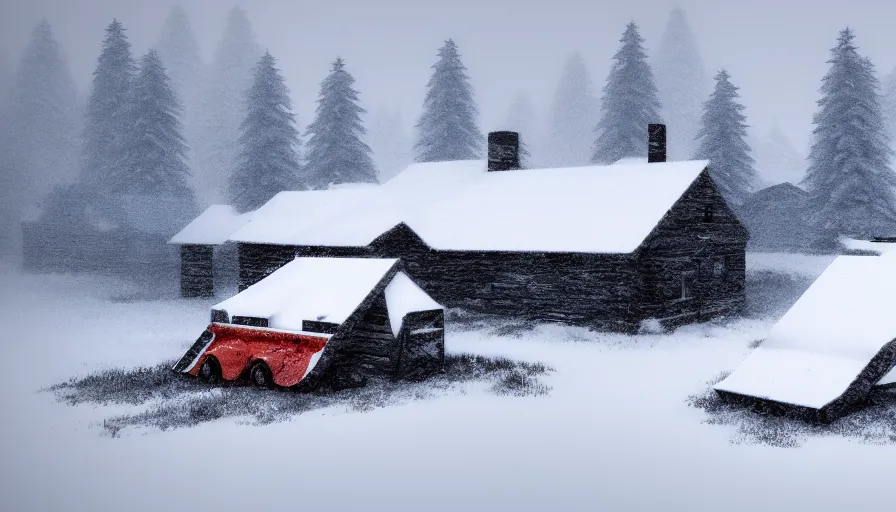 Image similar to A Snowplow!! clearing a beautiful snowy landscape with a small hut in the background. A blizzard and heavy snow falls. Fog and mist, highly detailed, concept art, digital art, 4k, high snow