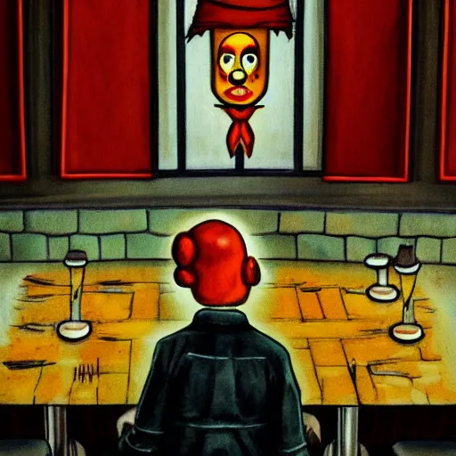 Image similar to Clown sitting in an empty diner at night, Gothic Art, color, award-winning art, horror, scary, eerie, ominous, unnerving, 8k