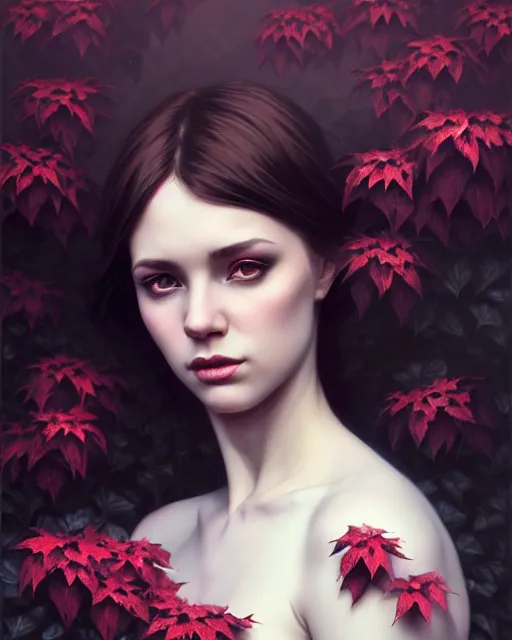 Prompt: stylized dark gloomy mysterious portrait of an artistic pose, composition, young lady sorrounded by nature, cinematic moody colors, ivy, flowers, one single head, realistic shaded, fine details, realistic shaded lighting poster by ilya kuvshinov, magali villeneuve, artgerm, jeremy lipkin and michael garmash and rob rey