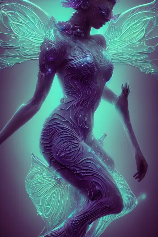 Image similar to a render of an ancient futuristic ethereal pixie with digital modifications and wings surrounded by a underwater ink pour and flowing liquid gallium and complex sacred geometry, powerful, cinematic, beautifully lit, perfect body and face, by beeple, by artgerm, by karol bak, by brian froud, 3 d, trending on cgsociety, octane render, 8 k