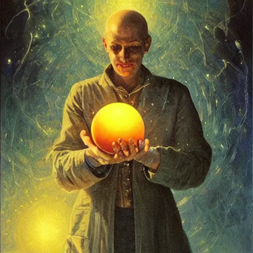 Prompt: a beautiful painting of an advanced techno wizard holding a highly detailed ball of magic in their hand while standing in a dimly lit library by bruce pennington, german romanticism