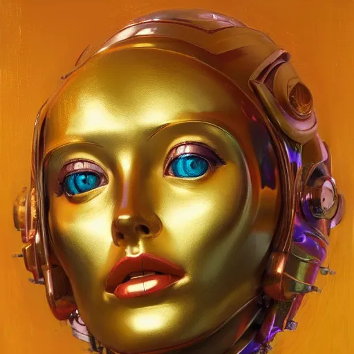 Prompt: Portrait of a golden robot with woman face, art deco, by Mandy Jurgens and Warhol, Ernst Haeckel, James Jean, artstation