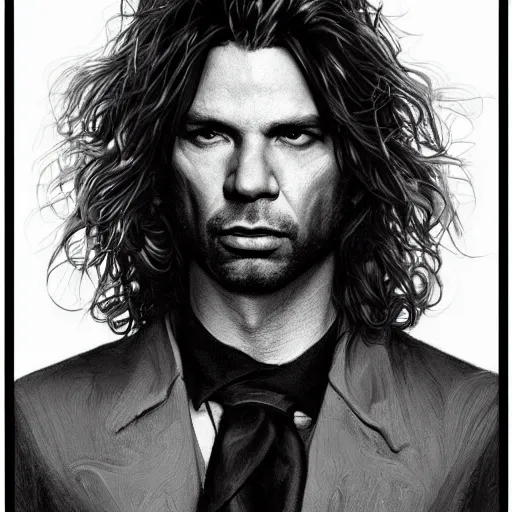 Image similar to a portrait of michael hutchence as a wizard, upper half portrait, urban motifs, intricate, elegant, highly detailed, digital painting, trending on artstation, concept art, smooth sharp focus, illustration, art by artgerm and greg rutkowski