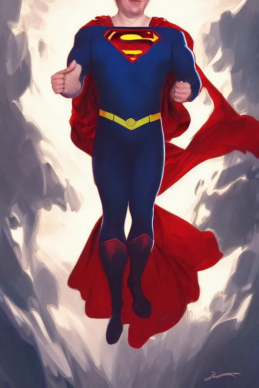 Image similar to Boris Johnson as Superman, realistic portrait, symmetrical, highly detailed, digital painting, artstation, concept art, smooth, sharp focus, illustration, cinematic lighting, art by artgerm and greg rutkowski and alphonse mucha