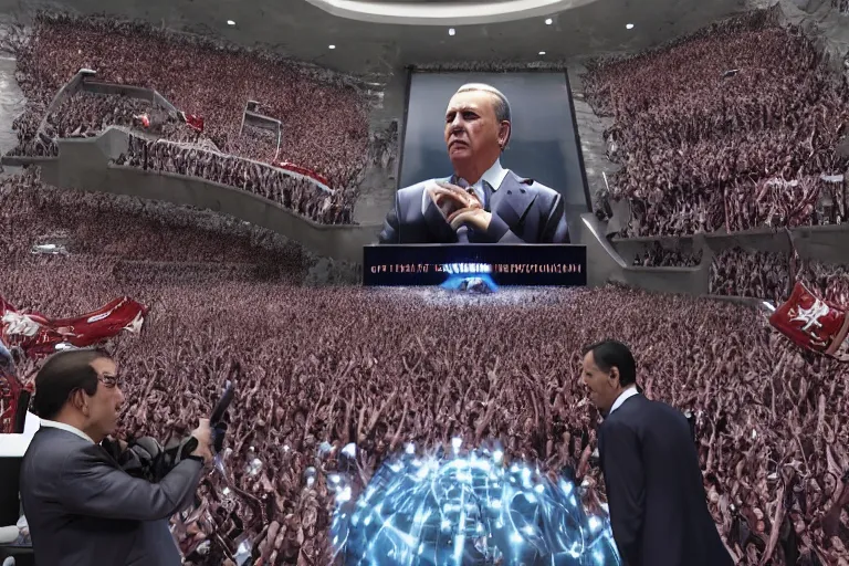 Prompt: epic cutscene of the final boss tayyip erdogan getting defeated in an open world game, hyperralistic, unreal engine, 8 k, raytracing, subsurface scattering