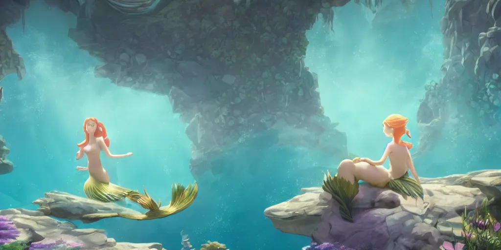 Image similar to animation key shot of a young mermaid swimming in an elegant palace bedroom sunken in the ocean, studio ghibli, pixar and disney animation, sharp, rendered in unreal engine 5, anime key art by greg rutkowski, bloom, dramatic lighting