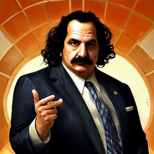 Image similar to handsome Ron Jeremy as President of United States of America as GTA character , western, fantasy, closeup, D&D, intricate, elegant, highly detailed, digital painting, artstation, concept art, matte, sharp focus, illustration, art by Artgerm and Greg Rutkowski and Alphonse Mucha