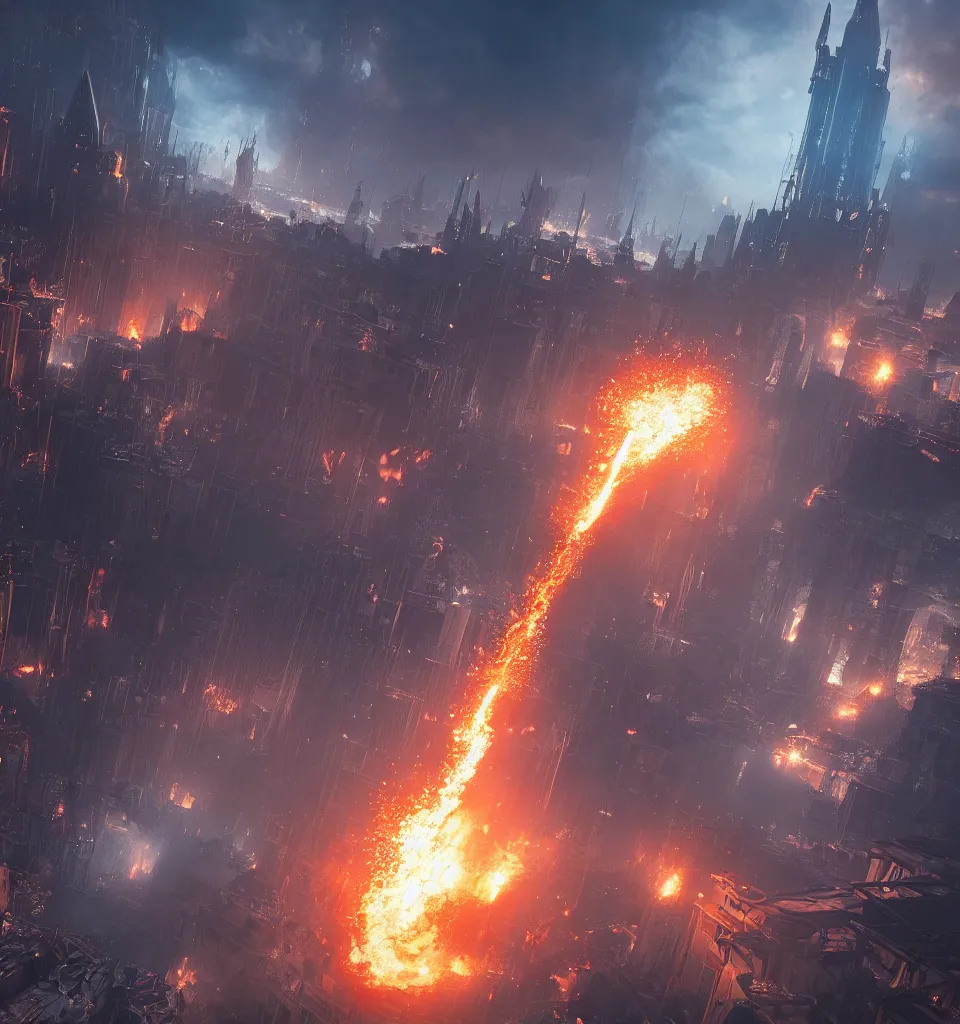 Image similar to a meteor crashing in a gothic medieval cyberpunk city, giant explosion, fire, trail of smoke, high quality, detailed, 8k, unreal engine, octane render, trending on artstation