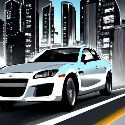 Image similar to grey RX-8 driving through stylized synthwave city night time beautiful