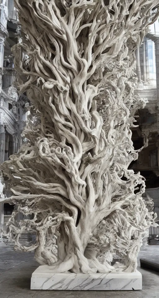 Prompt: a stunning and hyperdetailed tree with intricate roots made of marble sculpted by canova