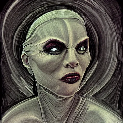 Image similar to portrait of a beautiful woman in the style of H.R. Giger