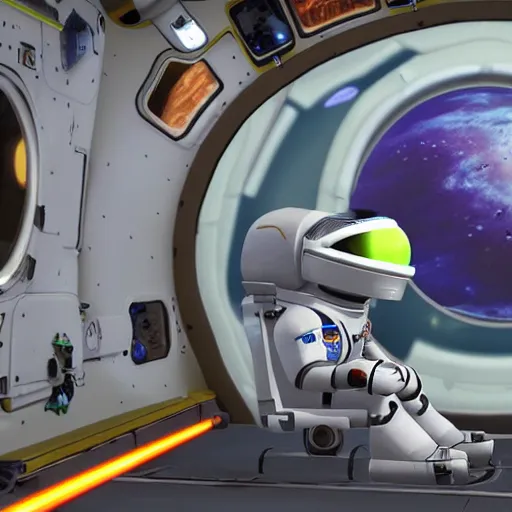 Image similar to an astronaut encounters a kerbal from kerbal space program on another planet