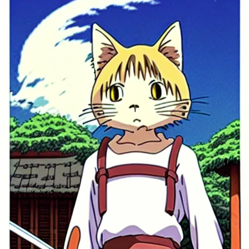 Image similar to anime key visual of hayao miyazaki studio ghibli, short - hair tabby cat wearing samurai armor