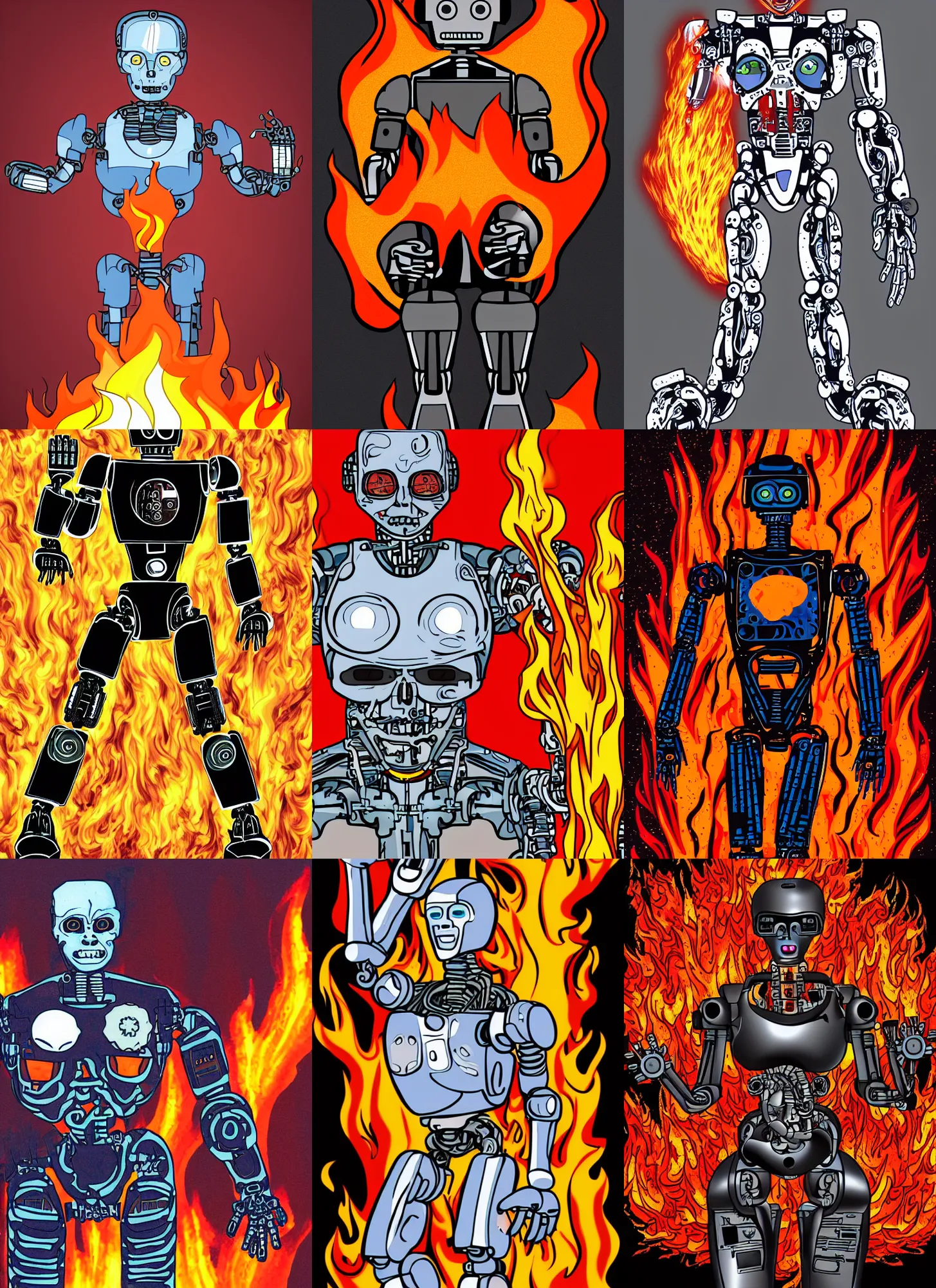 Prompt: flat colored humanoid terminator robot covered in flames