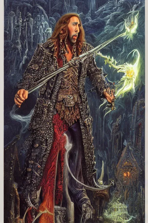 Image similar to Nicolas Cage as wizard, fantasy, intricate, highly detailed, illustration by ken kelly