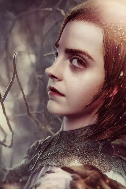 Image similar to a mix of of emma watson, anya taylor - joy and emma stone, evil sorceress elf, lotr, hyperrealism, octane render, extremely detailed, intricate smoke magic, lace, style of mark ryden, earl nore, hyung tae, frank frazetta