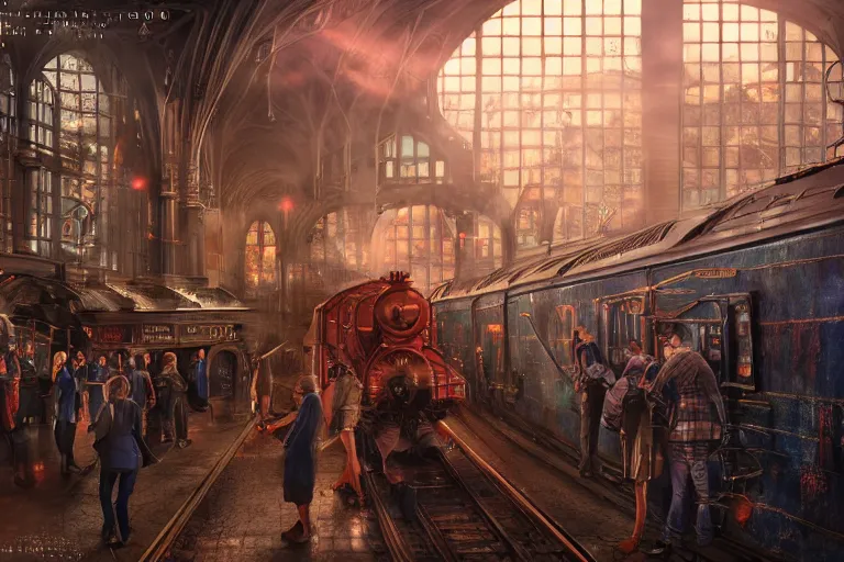 Image similar to some wizard waiting in hogwart train station in quiet dark city, hyper detailed, orange red blue tones dramatic lighting, cgsociety, realistic, hyper detailed, insane details, intricate, dramatic lighting, hypermaximalist, golden ratio, rule of thirds, octane render, weta digital, micro details, ultra wide angle, artstation trending, 8 k,