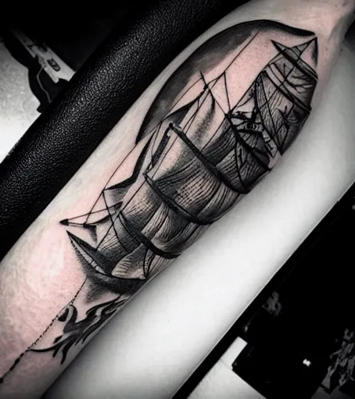 Image similar to A realistic tattoo design of a pirate ship, white background, black and white, highly detailed tattoo, realistic tattoo, realism tattoo, beautiful shades