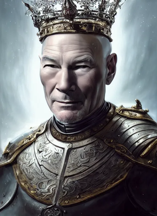 Prompt: very pale thin old patrick stewart wearing a crown on head and metal armor, extremly detailed digital painting, raymond swanland, tomasz alen kopera, vibrant colors, intricate, exquisite lighting, highly detailed, rim light, cinematic lighting, art, octane render, very coherent, cinematic, 8 k, trending on artstation