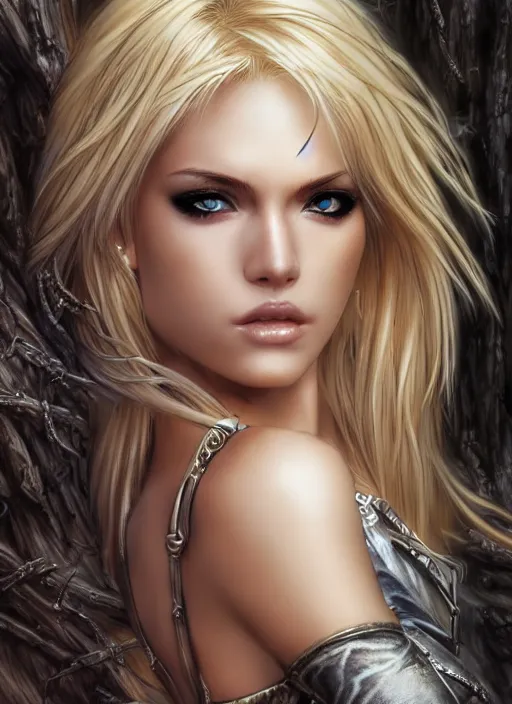 Image similar to photo of a gorgeous blonde female in cyperpunk city, realistic, sharp focus, 8 k high definition, insanely detailed, intricate, elegant, art by luis royo and stanley lau and artgerm, greg kutkowski