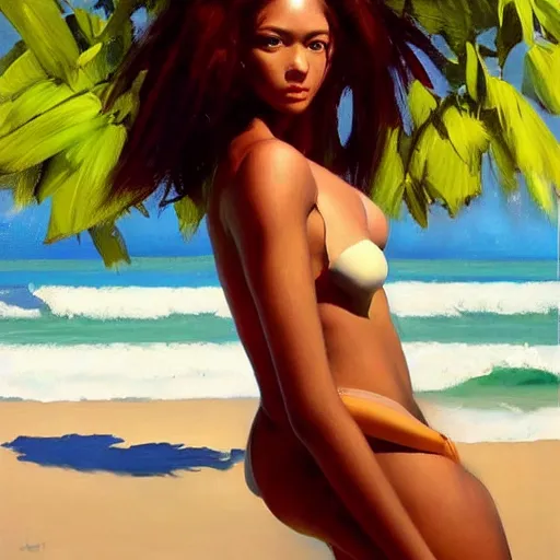 Image similar to oil painting by ilya kuvshinov,, baugh casey, artgerm craig mullins, coby whitmore, of a youthful black girl, long hair, fully clothed bikini at the beach, highly detailed, breathtaking face, studio photography, noon, intense bounced light, water reflection, large tree casting shadow, serine intense sunlight in the style of zack snyder