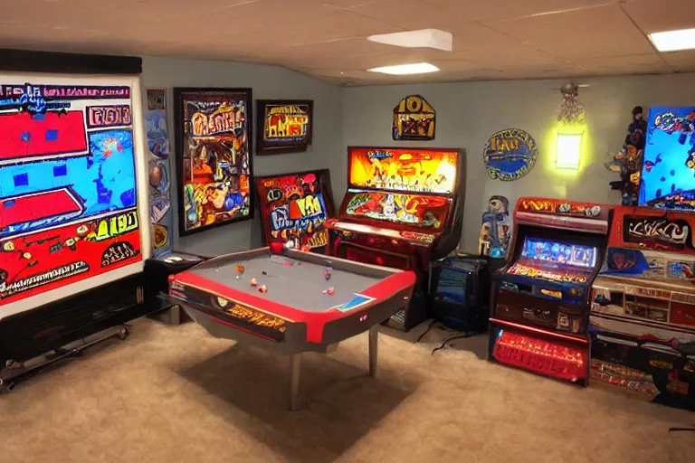 Prompt: photo of a 1 9 8 0 s video game room