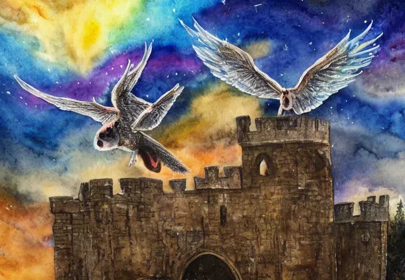 Image similar to legendary rainbow winged possum flying over a medieval castle at night under the dark starred sky, dark fantasy, watercolor, dreaming illusion, highly detailed, 4k, trending on Artstation