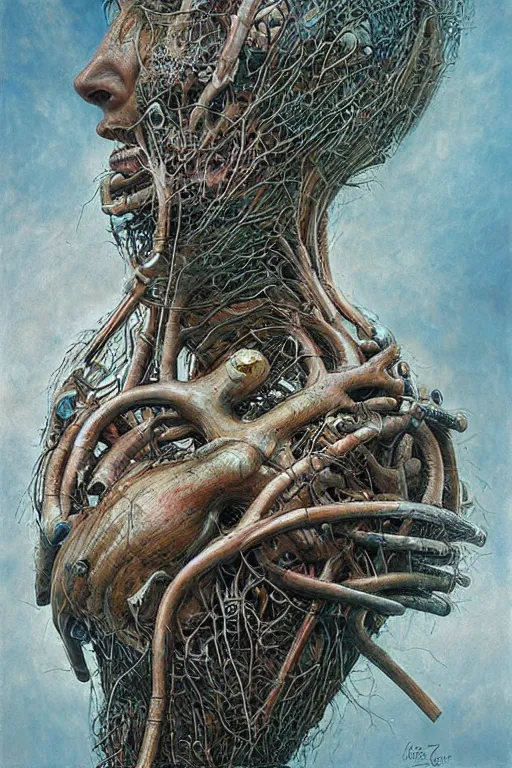 Image similar to Human heart, hyper-realistic oil painting, Body horror, biopunk, by Peter Gric, Marco Mazzoni