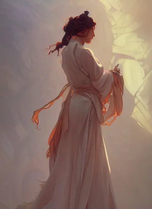 Image similar to michia wearing a silk robe, digital painting, artstation, concept art, sharp focus, illustration, art by artgerm and greg rutkowski and alphonse mucha