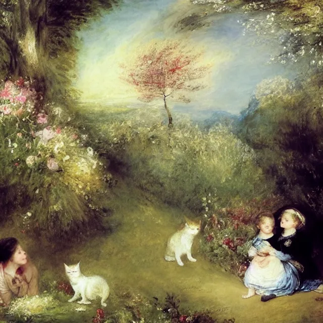 Prompt: beautiful, A girl and two cats sitting in a flower-filled yard by William Turner