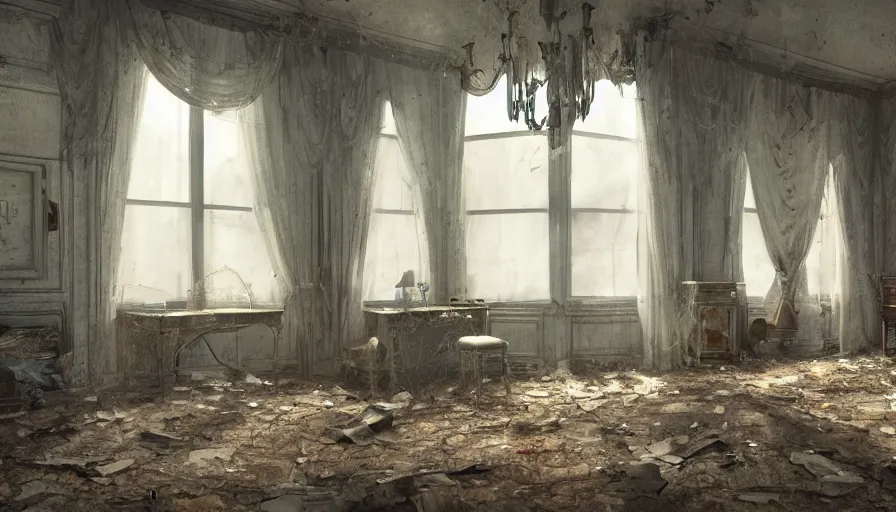 Image similar to abandoned oval office with broken windows covered by cobwebs, destroyed furnitures, dusty floor, old torn curtains, lights through windows, hyperdetailed, artstation, cgsociety, 8 k