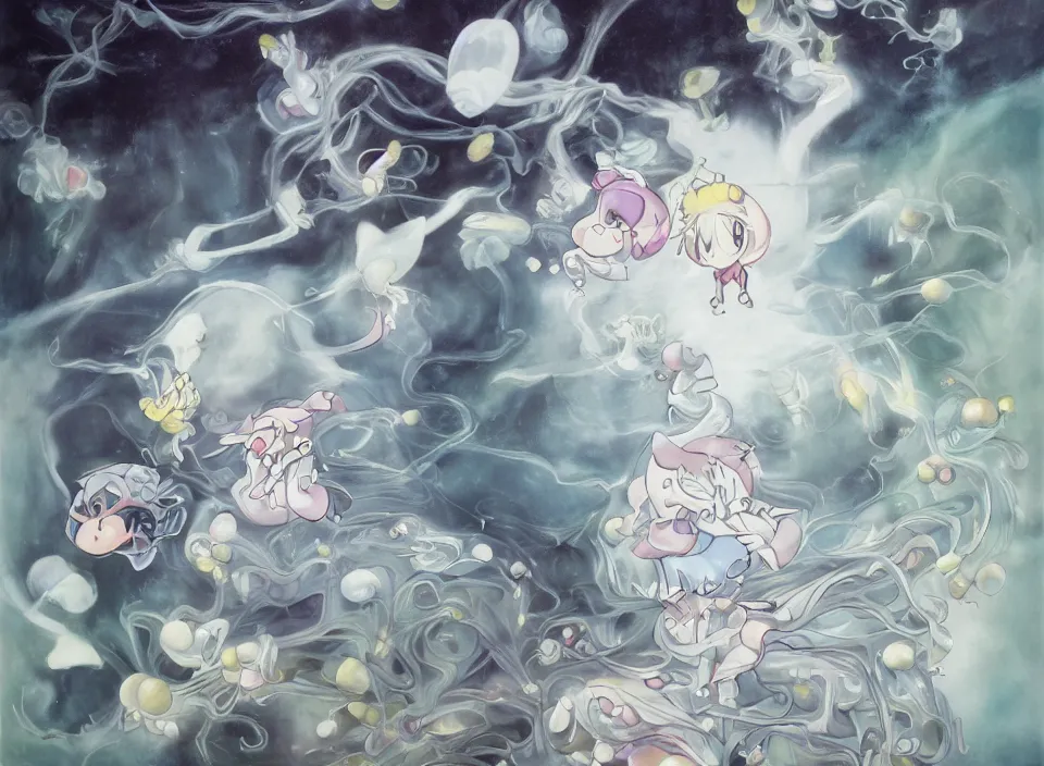 Prompt: A painting of white silver, the nintendo videogame characther kirby, very ethereal, silver color, dark, chiaroscuro, nacre, pastel oil inks, paint-on-glass painting by Chiho Aoshima, Yoshitomo Nara, Huang Yuxing and Aya Takano , Superflat art movement, chibi, soft pastel colors, The effect of guidance on a mixture of three Gaussians, each mixture component representing data conditioned on a class. The leftmost plot is the non-guided marginal density. Left to right are densities of mixtures of normalized guided conditionals with increasing guidance strength, painting by Chiho Aoshima, Yoshitomo Nara and Aya Takano, ethereal, beatifull lightning, realistic lighting, an oil painting of a nostalgic nacar and tortoiseshell Hyacinth surrounded by foliage, dreamy autochrome dreamy 80s nostalgic pinhole photography, futuristic yw2k white pure estructure liminal, A painting of white silver, the nintendo videogame characther kirby, very ethereal, silver color, dark, chiaroscuro, nacre, pastel oil inks, paint-on-glass painting by Chiho Aoshima, Yoshitomo Nara, Huang Yuxing and Aya Takano , Superflat art movement, chibi, soft pastel colors, The effect of guidance on a mixture of three Gaussians, each mixture component representing data conditioned on a class. The leftmost plot is the non-guided marginal density. Left to right are densities of mixtures of normalized guided conditionals with increasing guidance strength, painting by Chiho Aoshima, Yoshitomo Nara and Aya Takano, ethereal, beatifull lightning, realistic lighting, an oil painting of a nostalgic nacar and tortoiseshell Hyacinth surrounded by foliage, dreamy autochrome dreamy 80s nostalgic pinhole photography, futuristic yw2k white pure estructure liminal