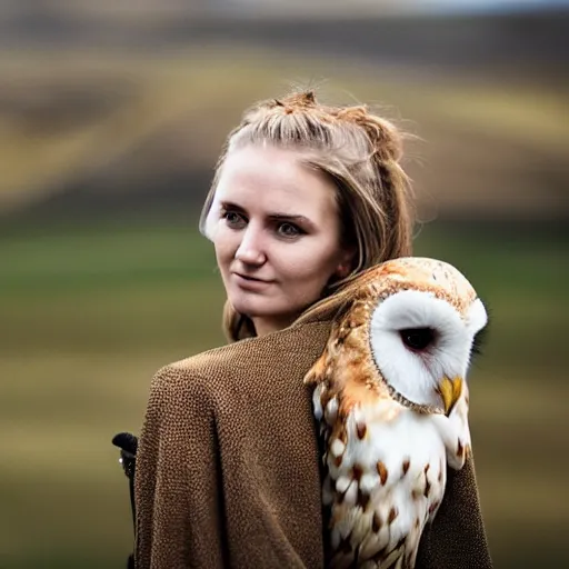 Image similar to symmetry!! portrait photograph shot on petzval lens of an extremely pretty!!! young blonde female with symmetric face. with a very detailed barn owl!!!!! on her shoulder. in iceland. out of focus. shallow depth of field. featured on flickr, art photography,