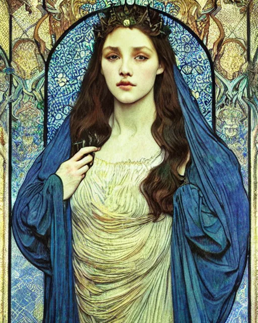 Image similar to detailed realistic beautiful young medieval queen face portrait by jean delville, alphonse mucha, vincent van gogh, and marco mazzoni, art nouveau, symbolist, visionary, gothic, pre - raphaelite